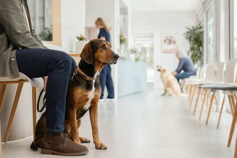 Ein Bosnische Bracke Hund sitzt ruhig neben seinem Besitzer im hellen Wartezimmer einer Tierarztpraxis.